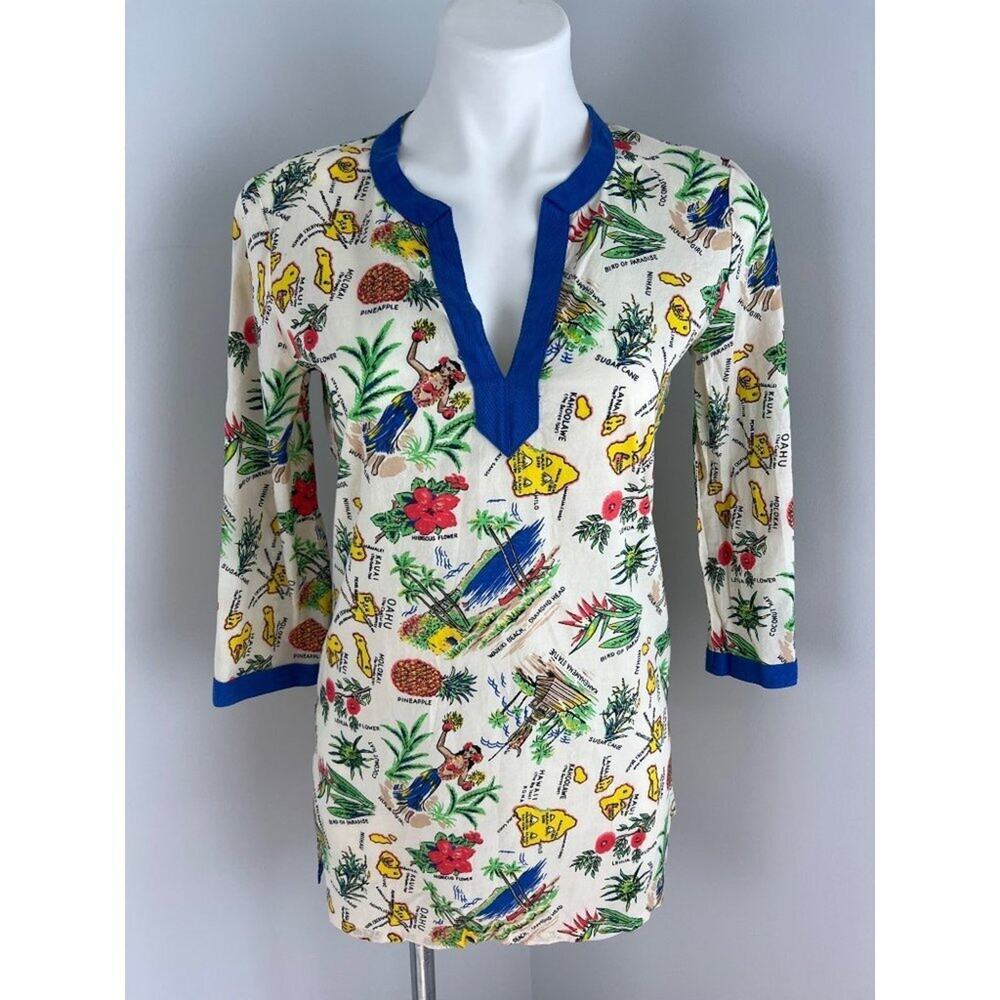 J.Crew Hawaiian Print Cotton Tunic Top Cover Up XS Tropical Beach Pineapple